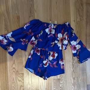 Pink Lily Floral Off-Shoulder Jumpsuit in Blue and Pink